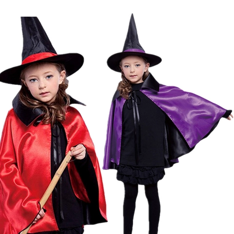 Kids Halloween Wizard Costume Witch Cloak And Pointed Hat Double Sided Satin Stand Collar Party Cosplay Apparel