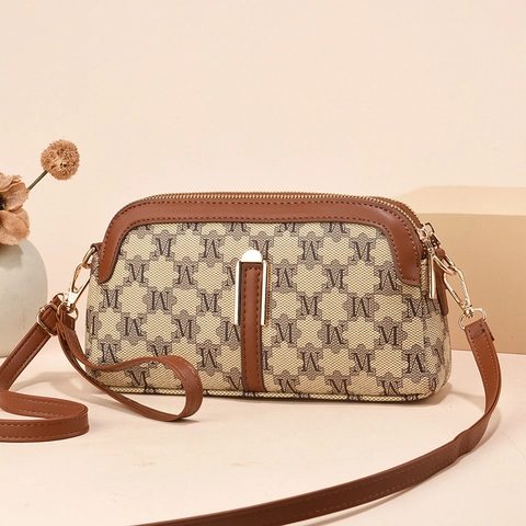 Women Vintage Shoulder Crossbody Bag PU Leather M Letter Print Checkerboard Double Zipper Small Square Messenger Bag