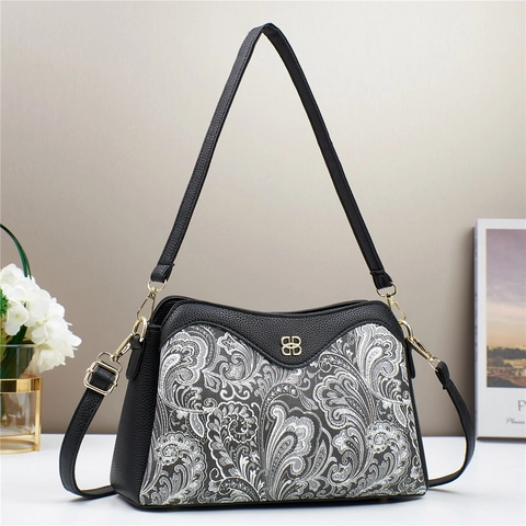 Women Retro PU Leather Shoulder Bag Paisley Pattern Stitching Crossbody Bag Gold Hardware Double Straps Casual Small Square Bag