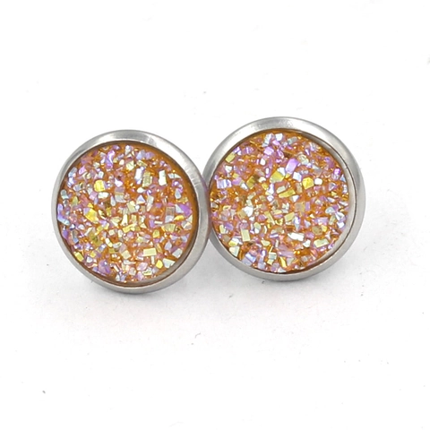 Round Druzy Stud Earrings For Women Stainless Steel Resin Glitter Sparkling Fashion Jewelry Gift