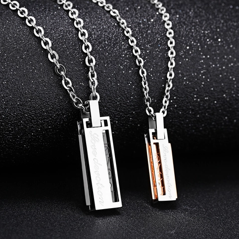 Stainless Steel Pendant Necklace With Cubic Zirconia Engraved Love Devotion Bar Jewelry Gift For Couples