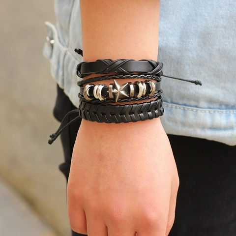 Herren Armband Geflochtenes Leder Legierung Totenkopf Stern Punk Vintage Mehrlagig Verstellbar Handschmuck