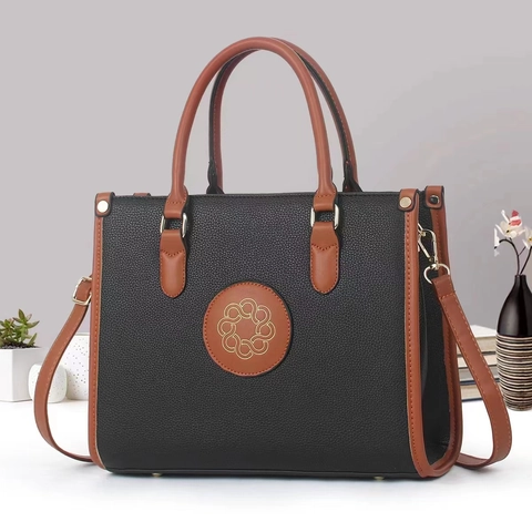Bolso Tote de Cuero PU de Color de Contraste para Mujer Gran Capacidad Patrón de Lichi Bolso de Hombro Con Correa Cruzada