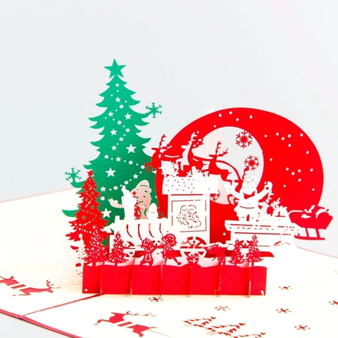 Carte De Noël 3D Pop Up Carte De Voeux Sculpture Sur Papier Découpé Au Laser Père Noël Renne Train Design Bénédiction