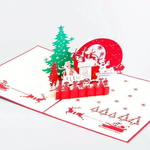 Carte De Noël 3D Pop Up Carte De Voeux Sculpture Sur Papier Découpé Au Laser Père Noël Renne Train Design Bénédiction