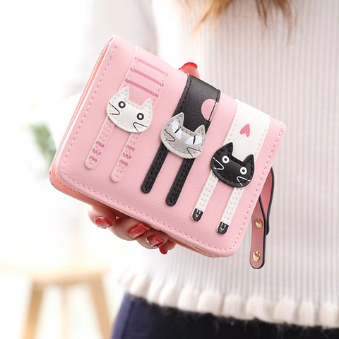 Cute Cartoon Cat Women Bifold Wallet PU Leather Zipper Coin Purse Small Multi Card Holder Student Style