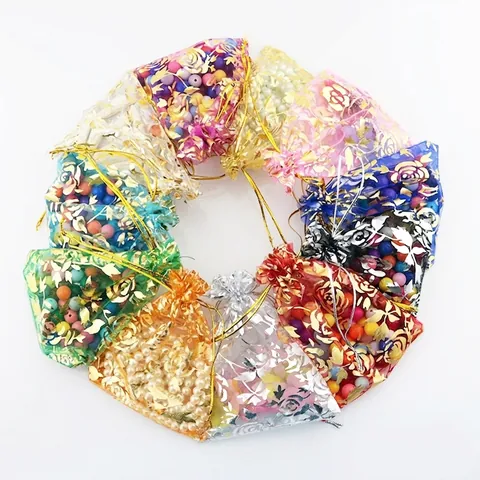 Rose Bronzing Organza Jewelry Bags Mesh Drawstring Gift Pouches For Wedding Party Favors Candy Packaging Storage