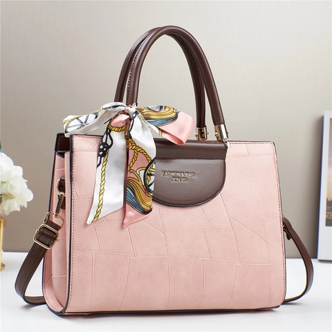 Bolso De Mano Para Mujer Vintage Patchwork Geométrico Cuero PU Bolso De Hombro Cruzado Con Pañuelo De Satén Decorativo Elegante