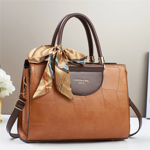 Bolso De Mano Para Mujer Vintage Patchwork Geométrico Cuero PU Bolso De Hombro Cruzado Con Pañuelo De Satén Decorativo Elegante