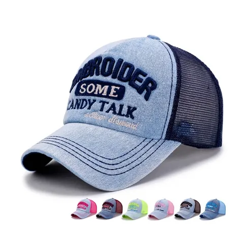 Vintage Denim Trucker Hat Breathable Mesh Baseball Cap Adjustable Snapback Sun Protection Streetwear Letter Embroidered Unisex