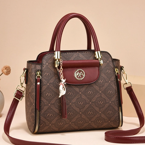 Women Vintage Handbag PU Leather Monogram Print Crossbody Shoulder Bag With Cat Tassel Pendant Trendy Ladies Bag