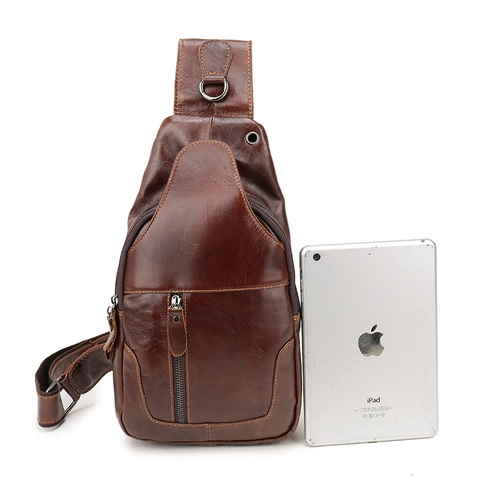 Men Genuine Leather Sling Bag Retro Cowhide Large Capacity Chest Crossbody Casual Vintage Travel Multi-Pocket