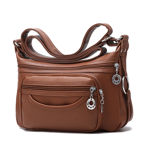 Women PU Leather Oxford Cloth Crossbody Bag Multi-Layer Zipper Multi-Pocket Casual Shoulder Bag Soft Practical Messenger