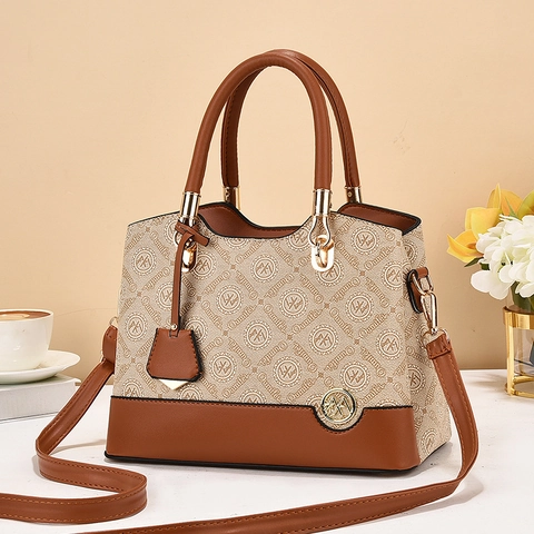 Elegante Borsa A Mano Da Donna Con Stampa Monogramma In Pelle Sintetica Vintage Borsa A Tracolla Con Manici Tondi E Tracolla Rimovibile