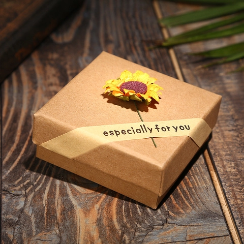 Retro Kraftpapier Sieraden Geschenkdoos En Tas Met Zonnebloem Decor Voor Kettingen Ringen Armband Kleine Geschenkverpakking
