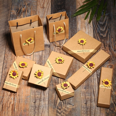 Retro Kraftpapier Sieraden Geschenkdoos En Tas Met Zonnebloem Decor Voor Kettingen Ringen Armband Kleine Geschenkverpakking