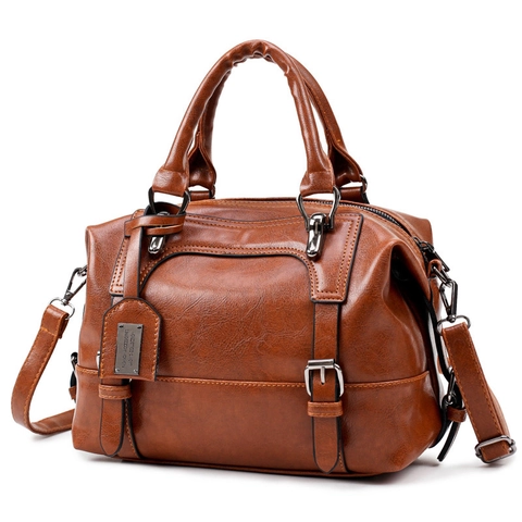 Retro Boston Handtas PU Leer Olie Textuur Dubbel Handvat Schoudertas Vintage Dames Casual Tote