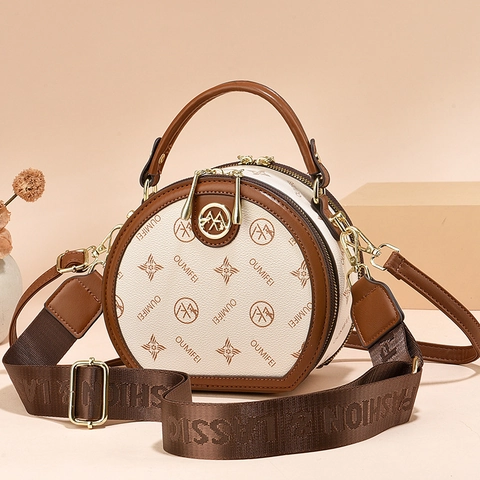 Round Crossbody Bag Vintage Monogram Print PU Leather Handbag With Double Straps Wide Webbing Handle Casual For Women