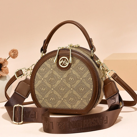 Round Crossbody Bag Vintage Monogram Print PU Leather Handbag With Double Straps Wide Webbing Handle Casual For Women