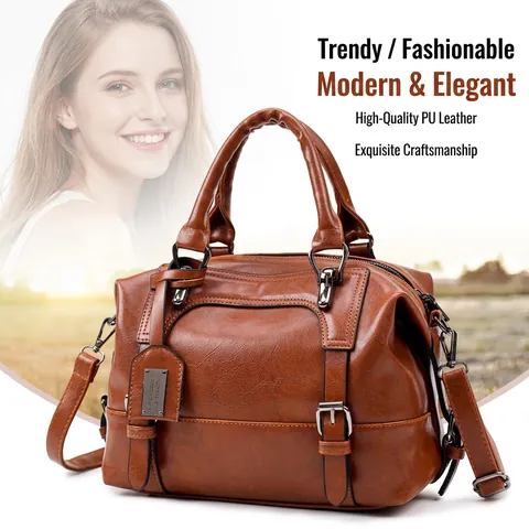 Borsa Boston Da Donna Retro In Pelle PU Strutturata Borsa A Spalla Con Tracolla Rimovibile Grande Capacita Borsa Da Giorno