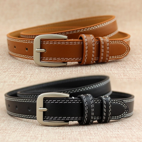 Ceinture Fine Femme Vintage Mode Boucle Ardillon Cuir PU Surpiqûres Contrastées Rétro Accessoire De Taille