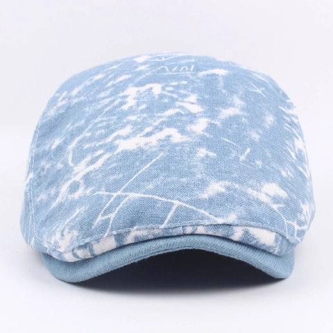 Béret En Denim Lavé Casquette Plate Vintage Texture Marbrée Style Britannique Rétro Casquette Ivy Ajustable Hommes Femmes