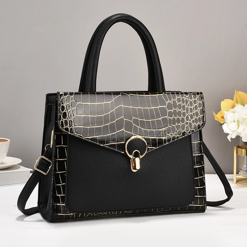 Women Crocodile Pattern PU Leather Handbag Fashion Ring Lock Top Handle Crossbody Bag Elegant Patchwork Tote Shoulder Bag