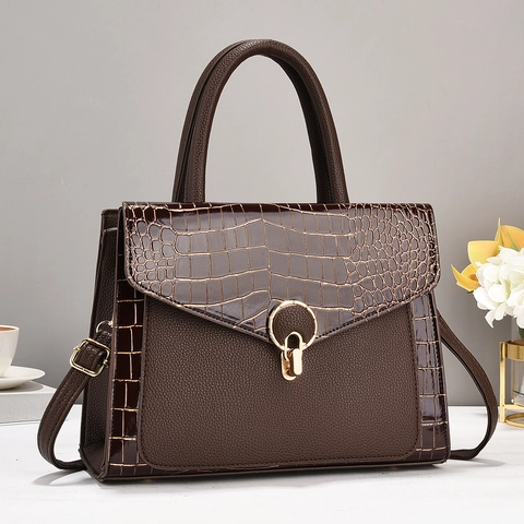 Women Crocodile Pattern PU Leather Handbag Fashion Ring Lock Top Handle Crossbody Bag Elegant Patchwork Tote Shoulder Bag
