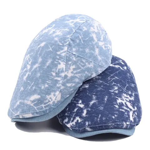 Béret En Denim Lavé Casquette Plate Vintage Texture Marbrée Style Britannique Rétro Casquette Ivy Ajustable Hommes Femmes