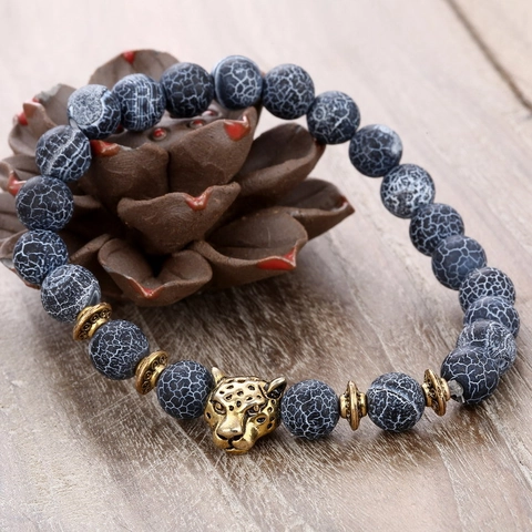 Pulsera De Cuentas Con Cabeza De Leopardo Retro Con Piedra De Ágata Envejecida Y Dijes De Aleación Cuerda Elástica