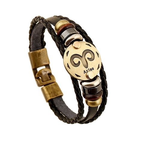 Zodiac Constellation Braided Leather Bracelet With Alloy Beads Wood Hematite Retro Multi Layer Jewelry For Men Women