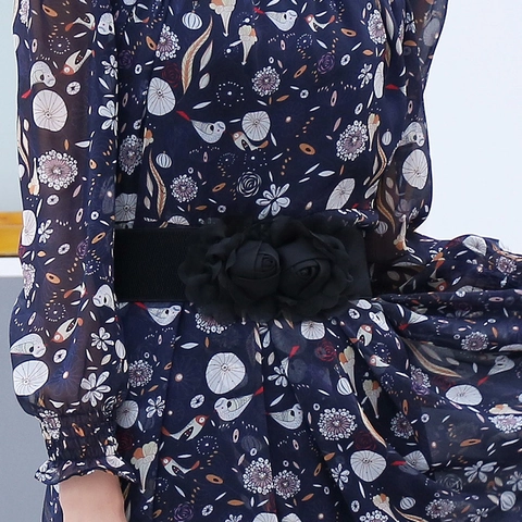 Women Elastic Corset Belt Wide Waist Band With Chiffon Rose Flowers Snap Button Dress Decoration Fashion Elegant