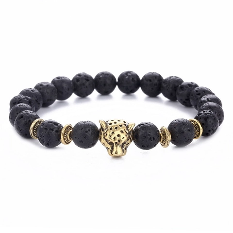 Beaded Bracelet With Lava Stone Leopard Head Alloy Charm Elastic Rope Men Jewelry Punk Style Bold Gift Accessory