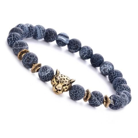 Pulsera De Cuentas Con Cabeza De Leopardo Retro Con Piedra De Ágata Envejecida Y Dijes De Aleación Cuerda Elástica