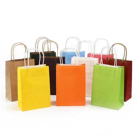 Kraft Paper Tote Bag With Handles Colorful Shopping Gift Packaging Reusable Foldable Eco Friendly Retail Boutique Bags