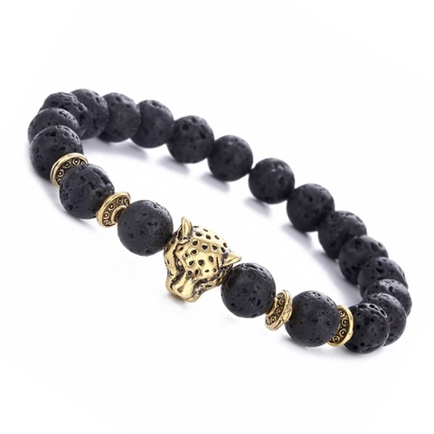 Beaded Bracelet With Lava Stone Leopard Head Alloy Charm Elastic Rope Men Jewelry Punk Style Bold Gift Accessory