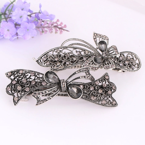 Vintage Hair Clip Alloy Rhinestone Crystal Hollow Butterfly Flower Spring Ponytail Holder Retro Elegant Hairpin Women