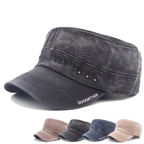 Cadet Cap Herren Gewaschene Baumwolle Retro Flat Top Militärmütze Verstellbare Vintage Outdoor Freizeit Sonnenhut