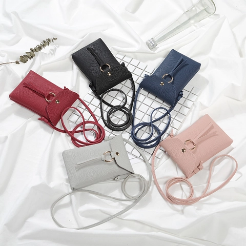 Women Cell Phone Crossbody Bag Lychee Pattern PU Leather Mini Shoulder Bag With Gold Ring And Tassel Flip Cover