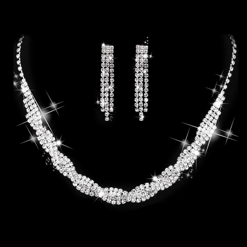 Eleganti Gioielli In Strass Collana E Orecchini Placcato Argento Catena In Rame Intrecciata Onda Lunga Frangia Matrimonio Sposa