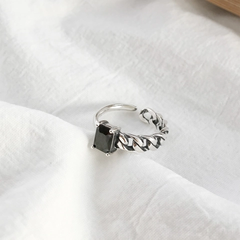 925 Sterling Silver Ring Vintage Chain Link Rectangular Black Zircon Open Adjustable Jewelry For Women Men