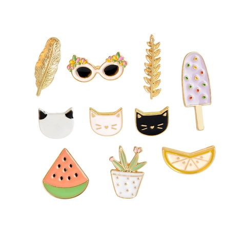 Cute Cartoon Enamel Pin Set Alloy Cat Fruit Plant Sunglasses Shape Brooch For Women Jewelry Backpack Lapel Badge
