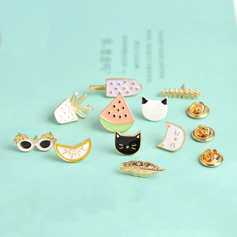 Cute Cartoon Enamel Pin Set Alloy Cat Fruit Plant Sunglasses Shape Brooch For Women Jewelry Backpack Lapel Badge