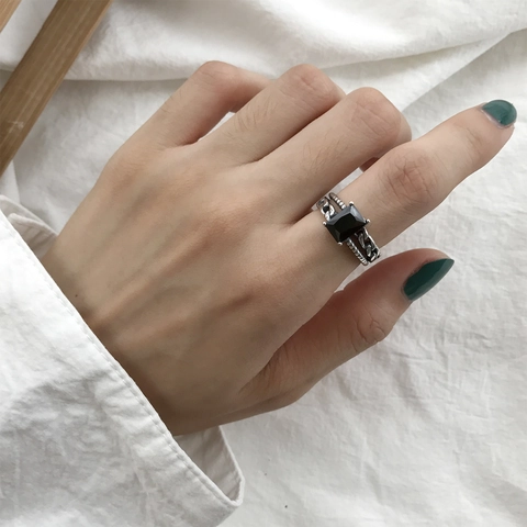 Anello Aperto In Argento Sterling 925 Agata Nera Rettangolare Zircone Vintage Retro Geometrico Regolabile Catena
