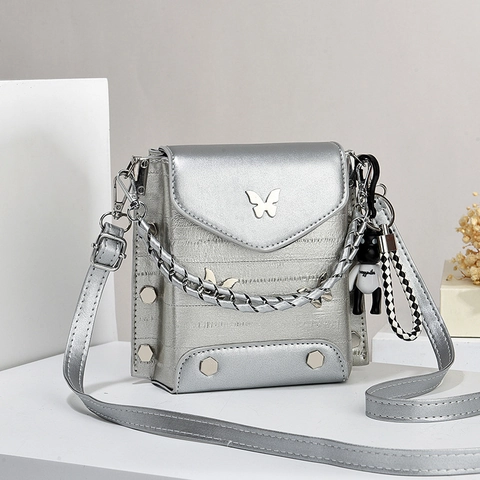 Women Mini Square Crossbody Bag PU Leather Metal Butterfly Rivet Decor Handheld Shoulder Bag With Bear Charm