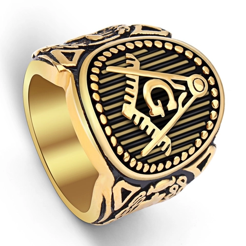 Bague Chevalière Franc-Maçon Acier Inoxydable Doré Vintage Symbole Compas Équerre G Bijoux Rétro Pour Hommes