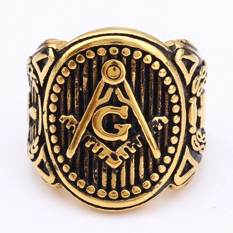 Bague Chevalière Franc-Maçon Acier Inoxydable Doré Vintage Symbole Compas Équerre G Bijoux Rétro Pour Hommes