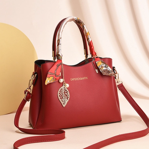 Women Handbags PU Leather Litchi Pattern Satin Scarf Wrapped Handle Leaf Artificial Pearl Charm Retro Crossbody Shoulder Bag