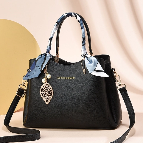 Women Handbags PU Leather Litchi Pattern Satin Scarf Wrapped Handle Leaf Artificial Pearl Charm Retro Crossbody Shoulder Bag