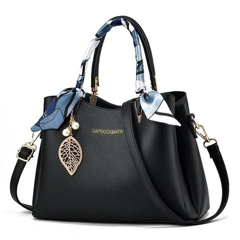 Elegant PU Leather Handbag Women Lychee Pattern Crossbody Bag With Scarf Wrapped Handle And Leaf Artificial Pearl Charm Large Capacity